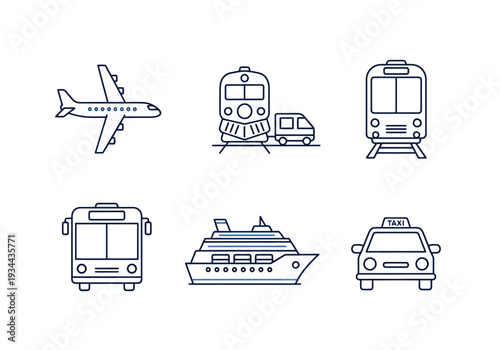Collection of modern travel transport icons including airplane train bus ferry and car for journeys and movement concepts