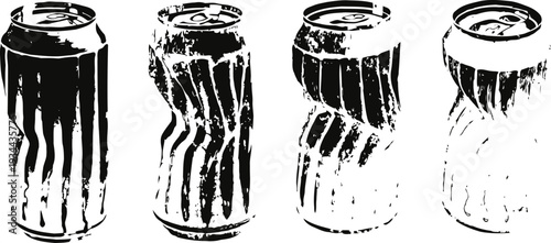 crushed aluminum can sequence showing progressive twisting and compression on white background