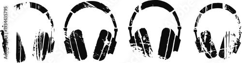 Grunge headphones silhouettes set with distressed texture and various shapes