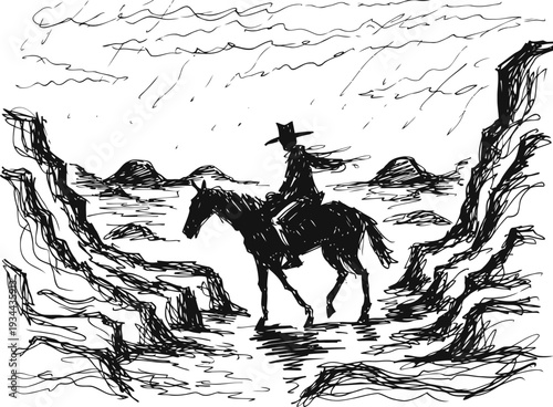 Cowboy riding horse through rugged canyon landscape with distant mountains and cloudy sky