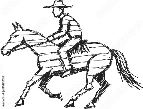hand drawn sketch of a cowboy riding a horse in motion with hat and western attire