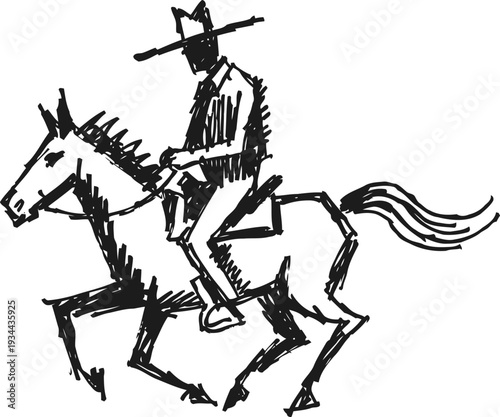 sketch of cowboy riding horse in motion with hat and western attire