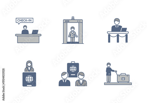 Airport Travel Security And Passenger Service Icons Representing Check In Security Screening And Passport Control And Luggage Handling