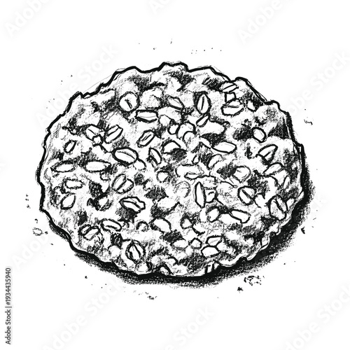 Hand-drawn sketch of a single oatmeal cookie with visible oats and a textured surface