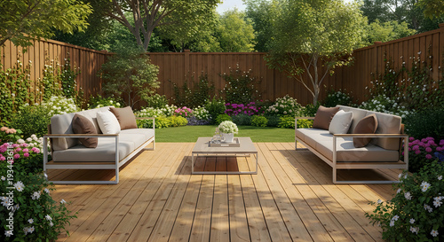 Beautiful backyard garden with wooden deck and modern furniture  outdoor living space