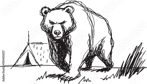 Wild bear near a camping tent in nature wilderness sketch illustration