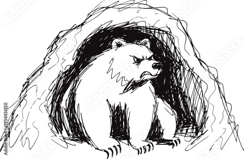 bear emerging from cave entrance wild animal nature sketch, forest wildlife concept illustration