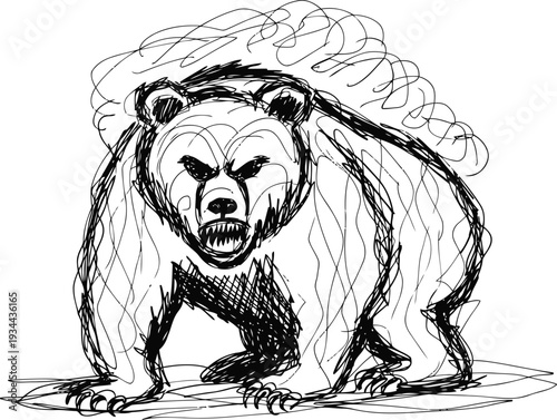 Angry bear sketch drawing with aggressive posture and detailed fur lines