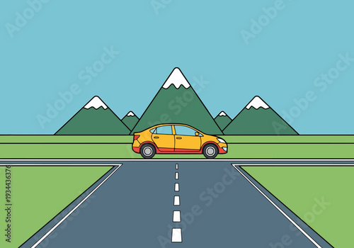 Yellow Sedan Driving On Open Asphalt Road With Distant Snow Capped Mountains And Green Hills Under Clear Blue Sky