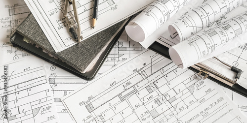 Architecture blueprints with rolled plans, compass and clipboard on desk, construction documentation and engineering design workflow,planning and project management concept, copy space.