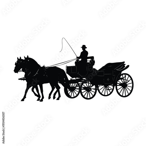 Silhouette of a horse-drawn carriage with a driver holding a whip, moving forward