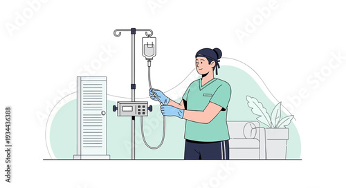 Nurse Administering IV Drip Treatment in Hospital Room, Medical Care