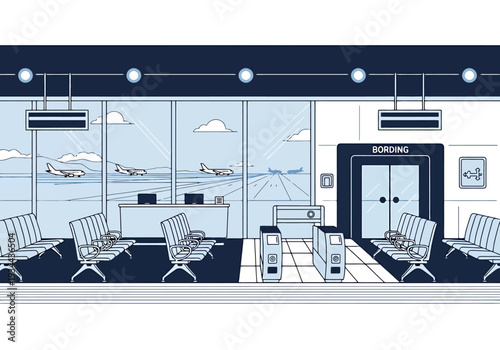 Modern Airport Terminal Interior With Departure Gate And Airplanes Outside Waiting For Passengers To Board For Travel