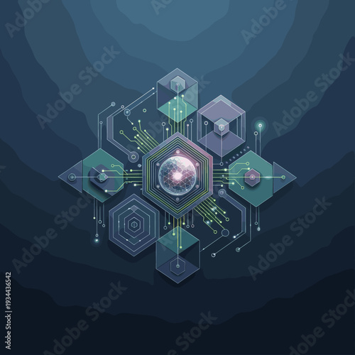 Futuristic technological illustration of a central processing unit with interconnected hexagonal and cubic elements.