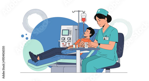 Nurse Administering Dialysis Treatment to Patient with IV Drip and Medical Equipment