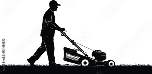 Black silhouette of a man mowing the lawn with a push mower on white background lawnmower grass