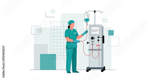 Nurse Administering Dialysis Treatment with Machine