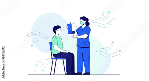 Nurse Administering Inhaler Treatment to Patient with Asthma Illustration