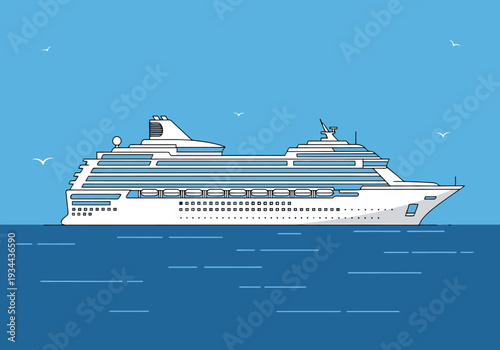 Modern Luxury Liner Vessel Sailing on Calm Blue Ocean Waters Under Clear Sky with Small Birds Flying Overhead