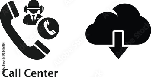 Call Center Agent Icon with Phone and Cloud Download Icon, Service Support Concept