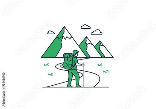 Solo Adventurer Hikes Scenic Mountain Trail Carrying Backpack With Trekking Poles Exploring Nature Outdoors With Peaks In Background