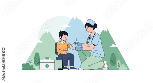 Nurse Administering Injection to Child Outdoors with Mountain Backdrop