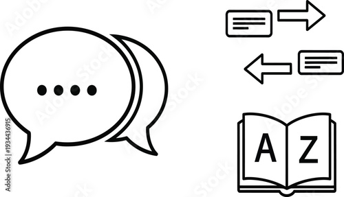 Speech Bubbles, Arrows and Open Book Icons - Communication and Information Symbols