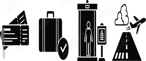 Airport Security Icons: Tickets, Luggage, Scanner, Airplane Takeoff