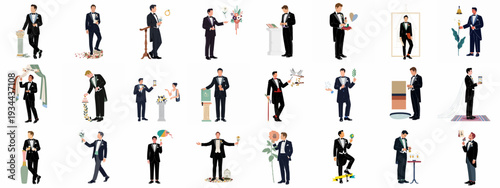 Elegant Grooms and Gentlemen in Tuxedos Celebrating Weddings and Formal Events, Holding Symbols of Love, Commitment, and Festivity.