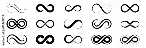 Infinity icon collection featuring eternity infinite endless loop symbols, unlimited abstract shapes in clean flat style, simple modern vector graphics suitable for web, mobile interface, corporate id