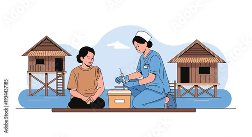 Nurse Administering Injection to Patient in Rural Village with Stilt Houses