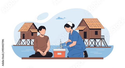 Nurse Administering Injection to Patient in Stilt Houses by Water