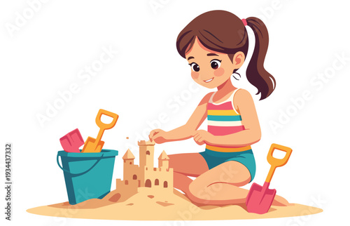 bambina sulla sabbia mentre costruisce un castello e gioca in riva al mare estate in costume da bagno vettoriale 