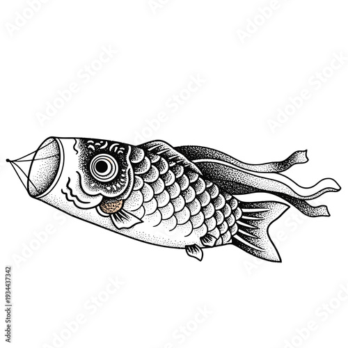 Traditional Japanese Koinobori carp streamer illustration with stippling detail and flowing ribbons
