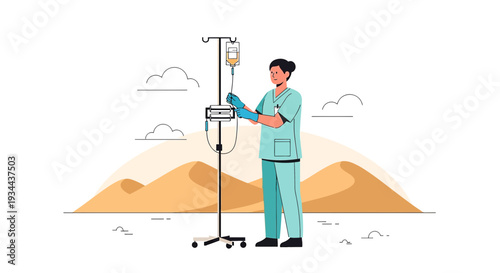Nurse Administering IV Drip in Desert Landscape - Medical Care Concept
