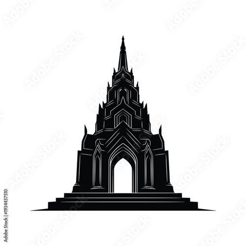 Striking black silhouette of a traditional Thai temple spire with intricate architectural details
