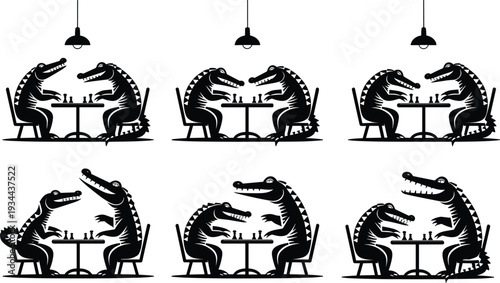 Crocodiles playing chess silhouettes set, humorous animal cartoon vector illustration showing strategic game, funny reptile characters sitting at table under lamp