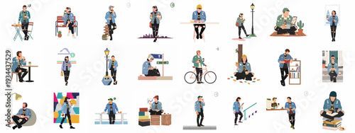 Trendy young adults with headphones and coffee, engaging in digital activities and leisure in various urban and casual settings.