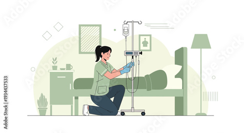 Nurse Administering IV Drip in Hospital Room with Bed and Medical Equipment