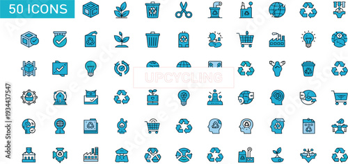 Set of 50 upcycling and sustainability icons featuring blue vector symbols for recycling, waste management, eco friendly energy, green environment, and circular economy concepts.