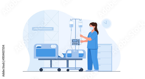 Nurse Administering IV Drip in Hospital Room with Patient Bed