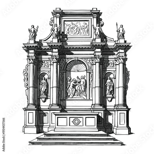 Intricate Baroque altar design with sculptures and architectural details, hand-drawn sketch