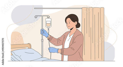 Nurse Administering IV Drip in Hospital Room, Medical Care Illustration