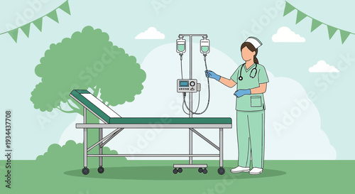 Nurse Administering IV Drip Outdoors with Medical Bed and Tree