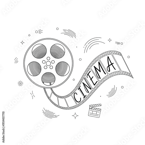 Vintage film reel with "CINEMA" text and clapperboard, hand-drawn style