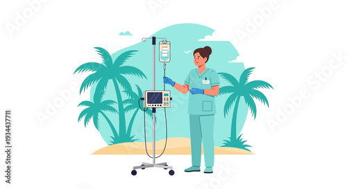 Nurse Administering IV Drip on Tropical Beach Vacation