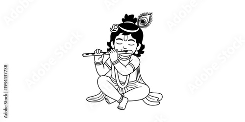 A simple cartoon illustration of young lord krishna playing the flute, sitting cross-legged. Vector, illustration