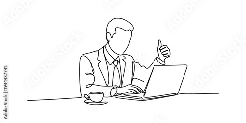 A continuous line drawing of a businessman giving a thumbs-up while working on a laptop at his desk Vector, illustration