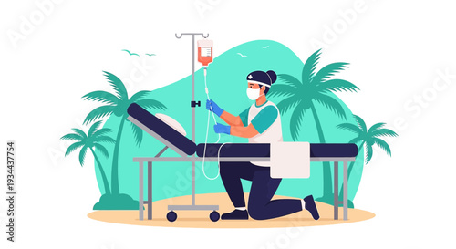 Nurse Administering IV Drip Therapy on Tropical Beach with Patient