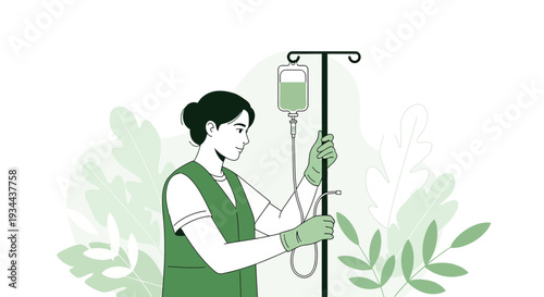 Nurse Administering IV Drip Therapy with Green Leafy Background - Healthcare Illustration